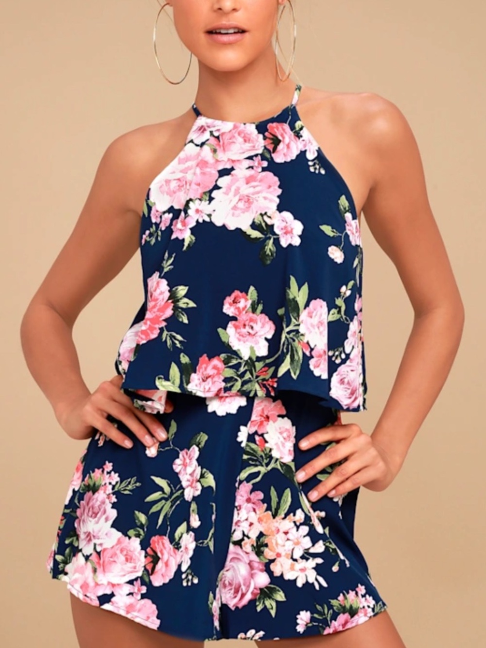 In the Garden Navy Blue Floral Print Romper Size M
